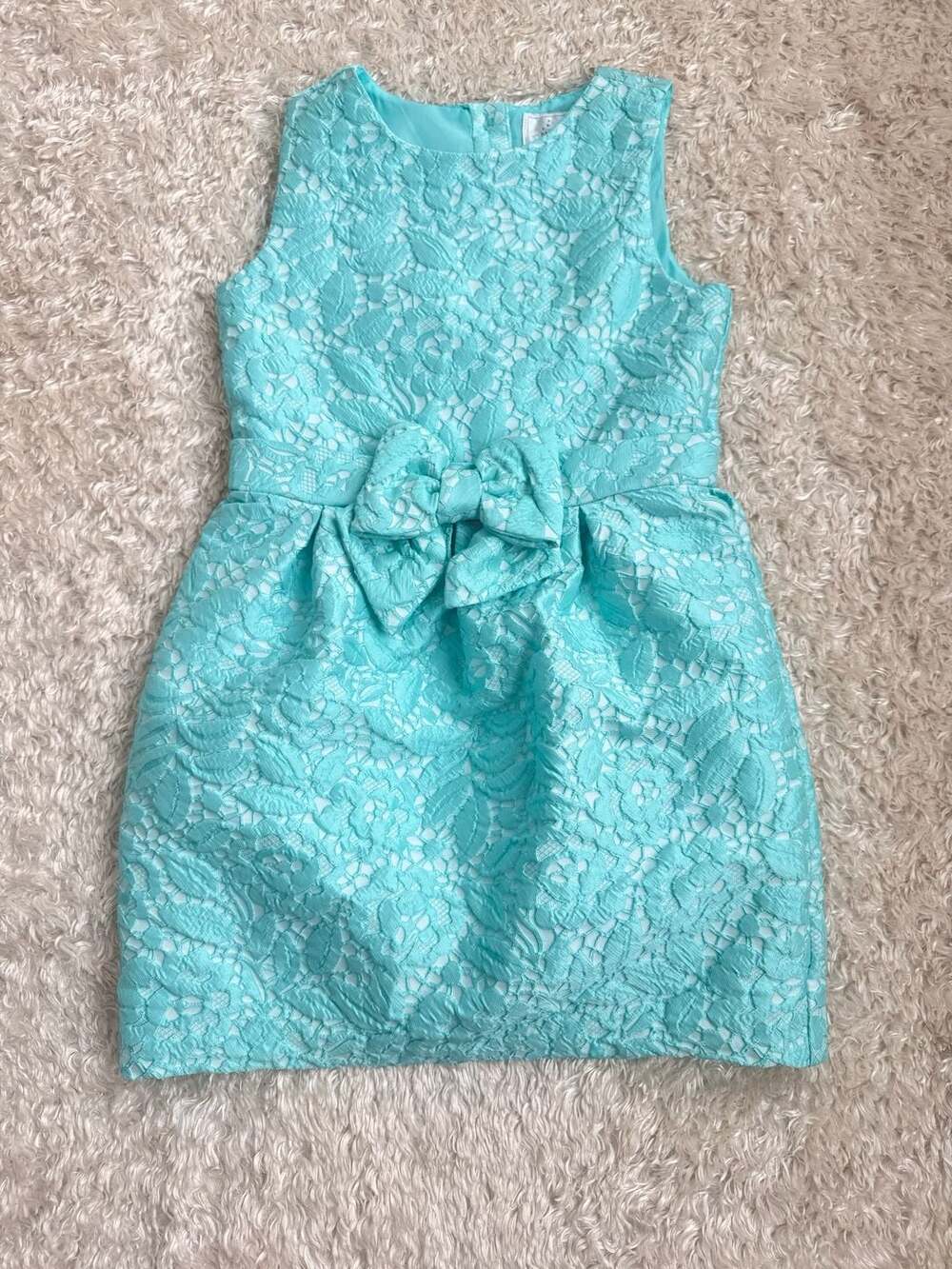 Dressed Up by Gymboree Girls Aqua Mint Jacquard Floral Lace Bow Dress Size 8